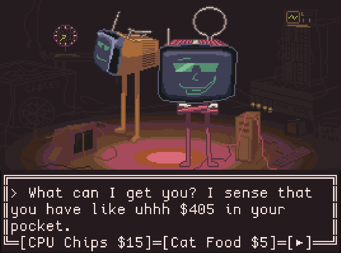Radioforestrion screenshot: 'What can I get you? I sense that you have like uhhh $405 in your pocket.'