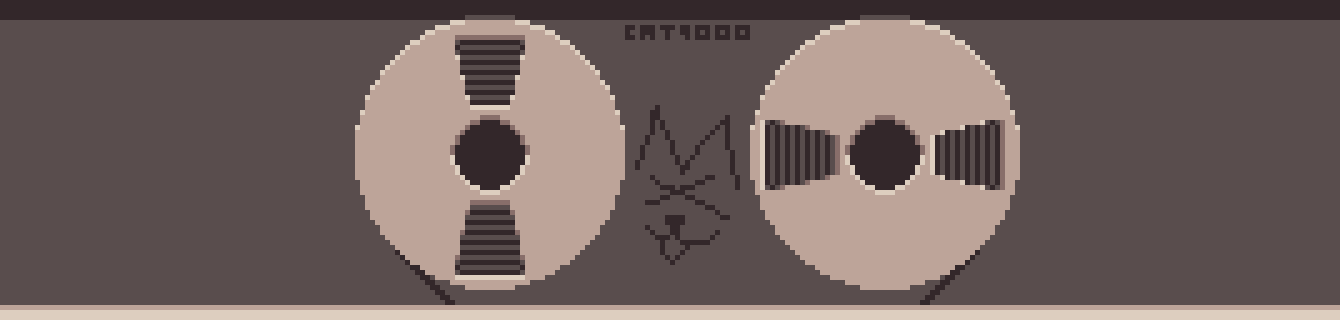 a pixelart of a reel-to-reel tape machine, laughing cat and 'CAT9000' over it